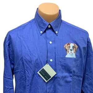 New Hand Printed Upcycled Large St Bernard Puppy Dog Mens Button Down Shirt
